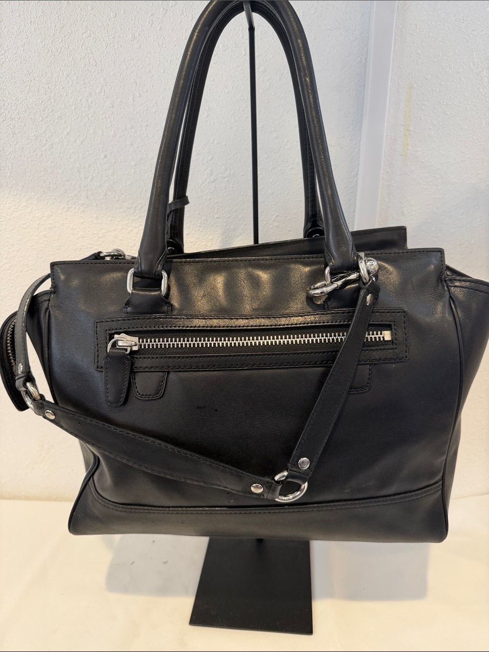 Coach Black Leather Tote with Tassel Charm and Top Handles - Picture 2 of 8